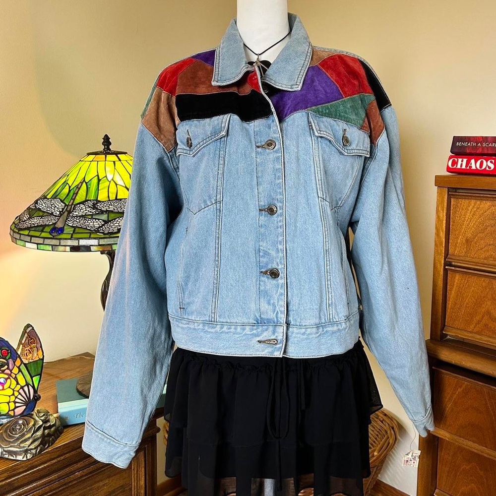 Vintage 80s denim jacket with colorful genuine suede patches